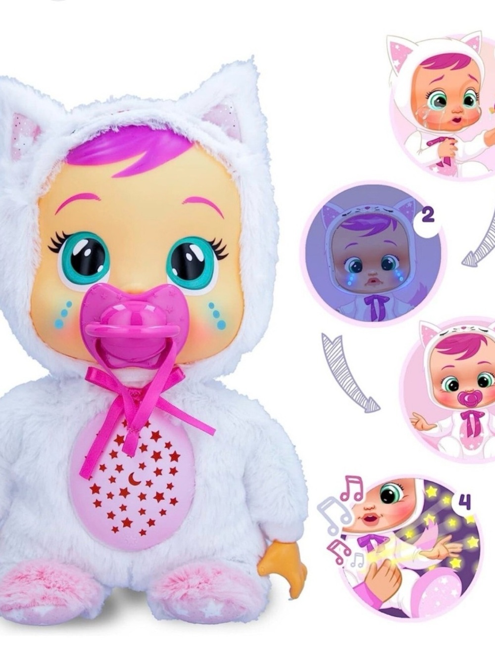 Plush Baby Doll in White Cat Outfit with Pink Pacifier - Interactive Nightlight